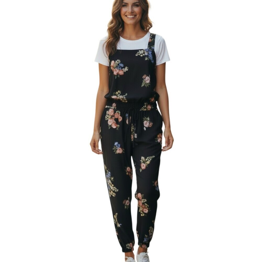 Albion Fit Rose Black Classic Overall Jumpsuit Petite Large Romantic Floral